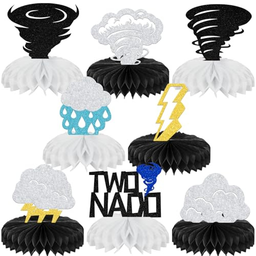 8Pcs Two Nado Birthday Honeycomb Centerpiece 2 Years Old Birthday Decorations Tornado Baby Shower Decoration Weather Storm Theme Birthday Anniversary Party Supplies Gold Silver Black Glitter