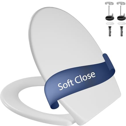 Soft Close Toilet Seat with Quick Release for Easy Clean, Universal Toilet Seat White with Adjustable Stainless Hinges, Plastic Toilet Lid Oval Shaped