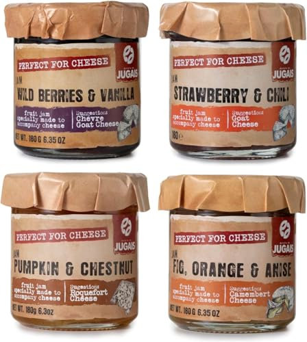 Jam Variety Selection – Unique Flavours: Pumpkin & Chestnut, Fig Orange & Anise, Strawberry & Chilli, Forest Fruits & Vanilla. Perfect for Cheese Pairing - Pack of 4x180g