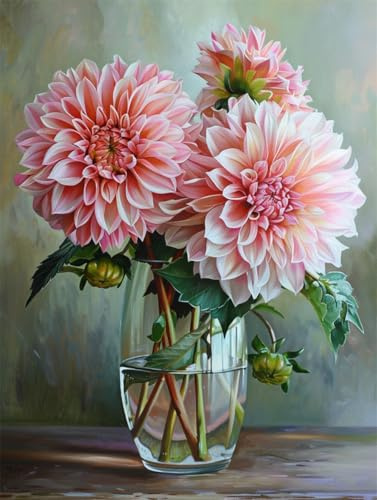 AMBATTERY Kreuzstich Set Bunte Dahlien In Einer Vase 11CT 40x50cm | Diy-Kreuzstich-Sets Für Erwachsene Mit Nadeln Scheren-Einfädler Vordruck Für Die Wanddekoration Zu Hause