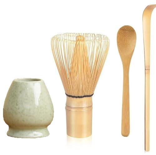 Lansls Matcha Set, Te Matcha Kit – Batidor Bambu Te Matcha, Juego De 4 Piezas Con Cuchara De Matcha y Soporte De Cerámica Para Batidor, Ideal Para Preparar Matcha y Ceremonias Del Té (Set Matcha)