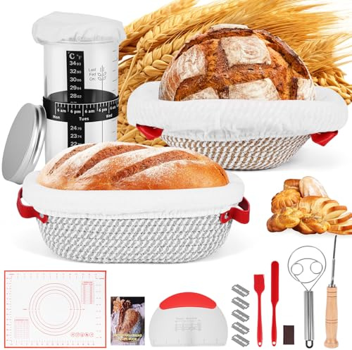 Sourdough Bread Baking Supplies, Complete Sourdough Starter Kit, Bread Proofing Basket, 10 Round & 11 Oval Bread Proofing Basket with 1000ml Sourdough Starter Jar for Bakers Beginner