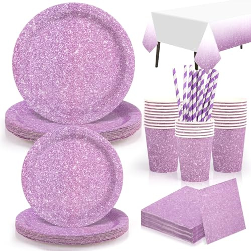Yidaxing Vaisselles Jetables Anniversaire Paillettes Violet, Assiettes Jetables Violet Chatoyant Gobelets Pailles Serviettes Nappe pour Décoration Fête de Mariage Anniversaire Baby Shower,16 Invités