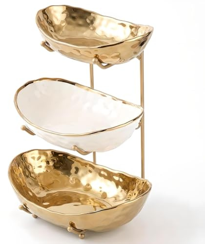 OUAYEMEL Ceramic Fruit Bowl with Metal Stand, 3 Tier Fruit Bowl for Home Party Kitchen Counter, Tiered Fruit Basket for Snacks Candy Bread Storage, White and Gold (Gold)
