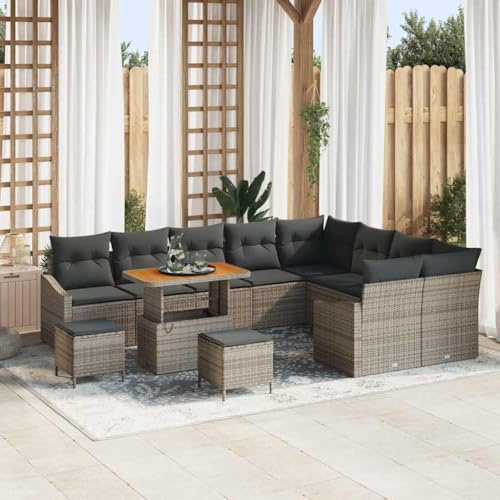 Qnhdfrt 12 teiliges Gartensofa Set Grau mit Kissen und Akazienholz Tisch für Garten und Balkon Wetterfestes Poly Rattan und Stahl Gestell