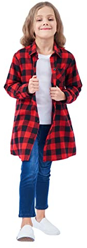 Camisa de Cuadros para Niña Camiseta de Manga Larga de Algodón Cepillado Blusa de Cuadros con Botones para Niño Camisa con Bolsillos