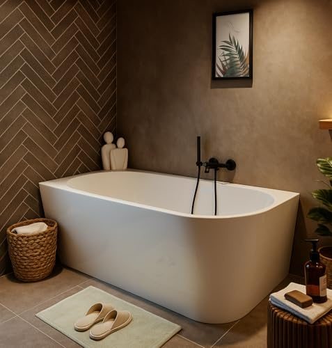 Badplaats Eck Badewanne Isia 170 x 78 x 60 cm Weiß Hochglanz - Halb Freistehende Badewanne aus Acryl mit Überlauf und Abflussstopfen