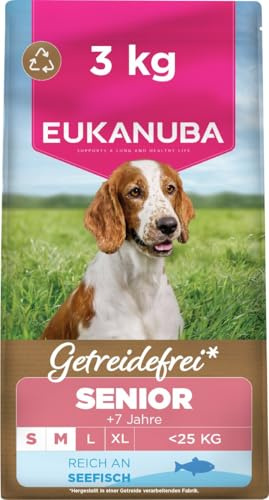 Eukanuba Croquettes Premium sans Céréale Chien Sénior Petite et Moyenne Race–Riche en Poisson de l’Océan-Hypoallergénique–Glucosamine Chondroïtine-3kg