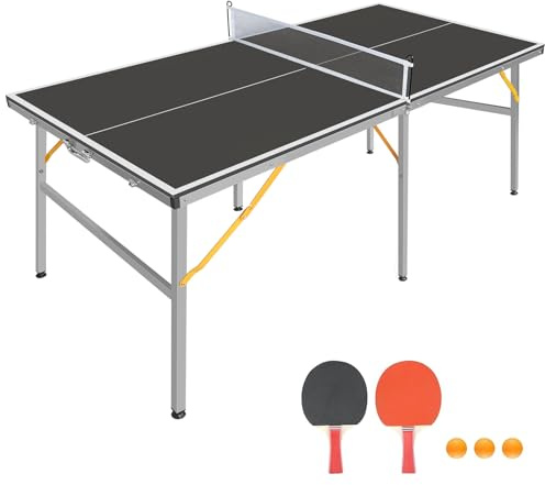 6FT Folding Table Tennis Table, Indoor/Outdoor Black Ping Pong Table 182.88 x 91.44 x 76.2cm, With Net two Table Tennis Bats and three Balls (Black)