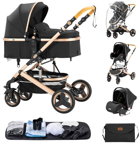 ALYIKOU 3-in-1 Prams Travel System, Shock Absorption Baby pram,0-4 Years, Up to 22 kg, Foldable, Compact and Reclining Baby Pushchair, with Nursery Bag, Black (530 Black)