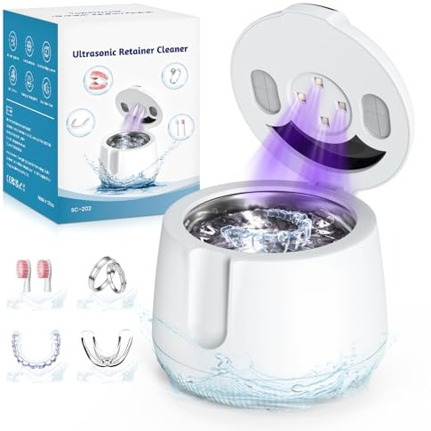 Topertrual Ultrasonic Retainer Cleaner Machine with 4 UV Lights, IPX5 Waterproof, 48kHz Ultrasonic Cleaner with Digital Timer & 4 Modes, Dentures, Braces, Toothbrush Heads, Jewelry with 200ML Capacity