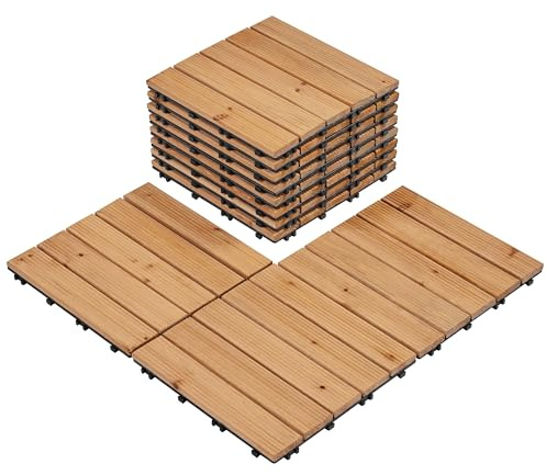 Yaheetech 11-55 Baldosas de Madera de Abeto 30x30cm Listones de Madera Desmontables con Ranuras Antideslizantes Instalación Rápida y Fácil Marrón 11piezas/1㎡