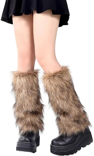 Gxdamxz Fell Stulpen Bein Braun, Plüsch Beinstulpen für Damen, 35cm Leg Warmers Lange Fur für 80er Party, Karneval, Cosplay