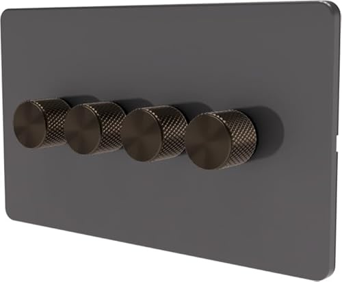 SAMOTECH Smart Matter Dimmer Switch Push On/Off-Rotary control for LED and Halogen Lights - Plastic Faceplate & Metallic Knob - Grey/Brass 4-Gang