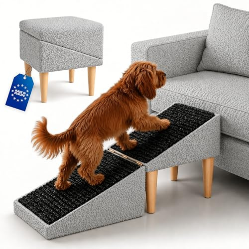 Outentin Hundetreppe klappbar – Hunderampe für Sofa & Bett, 36 cm hoch | Bouclé Hellgrau – rutschfeste Haustiertreppe, weich & stabil, für kleine & große Hunde