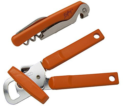 Left-Handed Manual Can Opener & Corkscrew Set, Orange Handle