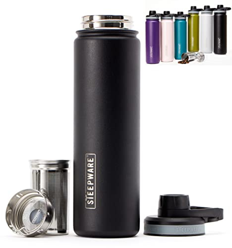 The Tea Spot Steepware Tea Tumbler and Thermos, 22oz, Tea Bottle with tea infuser for loose leaf tea or iced coffee, Sleek Double Wall Tumbler & Insulated Travel Bottle - Black