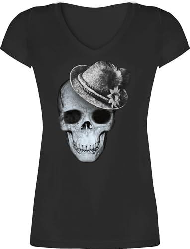 T-Shirt Damen V Ausschnitt - Kompatibel Oktoberfest - Totenkopf mit Filzhut - 3XL - Schwarz - mädchen trachtenshirt Trachten-Tshirt bayrische Skull Shirts Shirt tailliertes Trachten Tshirt bayrisch