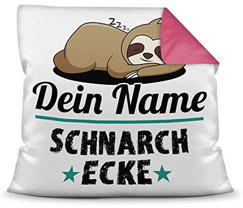 PR Print Royal Kissen inkl. Füllung Faultier PERSONALISIERT mit Wunschname für - Ihr Name Schnarchecke - Kuschelkissen/Lustige Geschenkidee/Freunde/Familie/Geburtstag - Farbkissen Rückseite Pink
