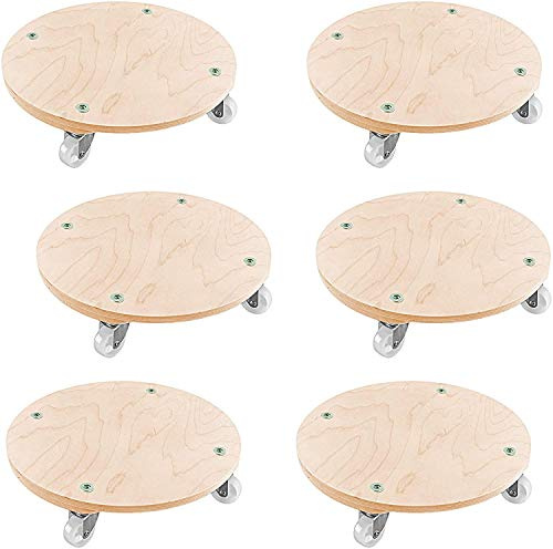 Cemab (6 Pezzi, Diametro 38 cm) Carrello Porta Vaso per Piante e Fiori, Tondo in Legno con 4 Ruote - Grande capacità di carico Fino a 140 kg, Colore: Betulla Naturale