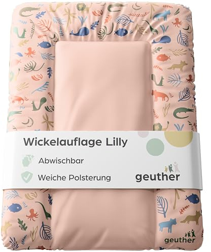 Geuther Wickelauflage abwaschbar 52x72 cm | Wickelunterlage Lilly für Wickelregal Clarissa & andere | Sicher dank erhöhtem Rand & Kopfschutz | Wickeltischauflage | Design Party Animals Pink