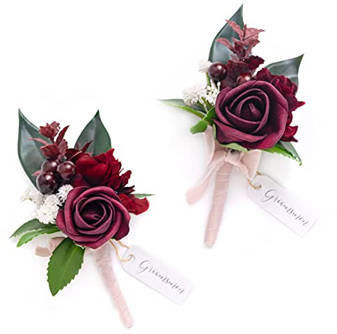 Ling's moment ansteckblume Anzug Buttonhole für Männer, 2 Stück Bräutigam Trauzeugen Gast-Boutonniere, künstliche Blumen für Hochzeit/Abschlussball/Heimkehr usw. Burgunder Marsala