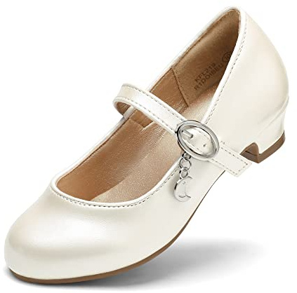 DREAM PAIRS Girls Mary Jane Low Heel Princess Flower Wedding Party Pump Dress Shoes,Size 13 Little Kid,Ivory/Pu,KFL219
