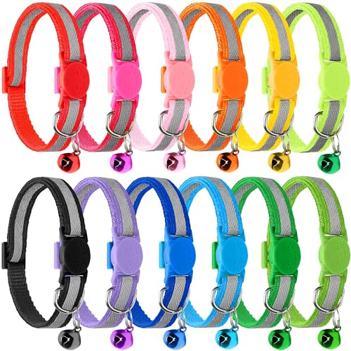 Lot de 12 colliers réfléchissants pour chat avec clochette, boucle de sécurité à dégagement rapide, collier réglable de 19 à 32 cm pour tous les chats domestiques, chatons, animaux domestiques, mâles