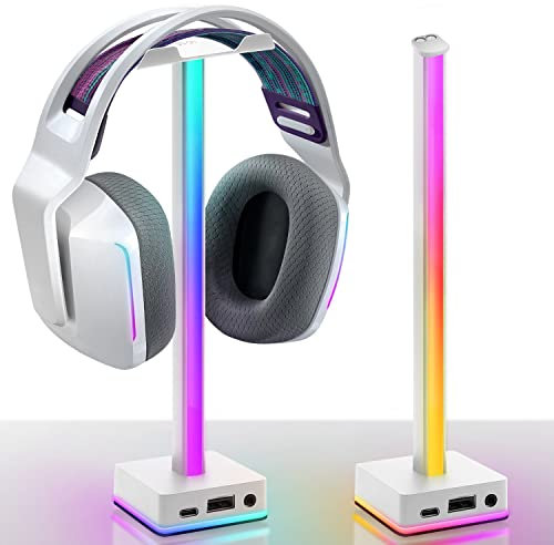 EZDIY-FAB RGB Kopfhörer Ständer,USB LED Lichtleiste Headset Ständer,Desktop Atmosphäre,50 Built-in Farbmodi,Kopfhörerhalter für Gamer Gaming PC Zubehör Desk-Weiß