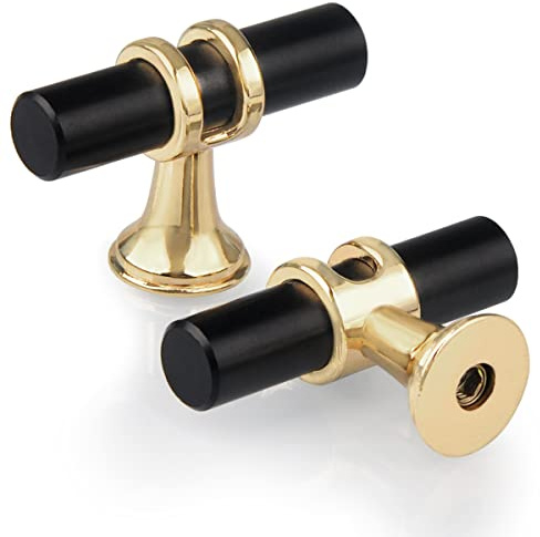 GUWINA Lot de 10 Boutons de Tiroir Monotrou en T, Moderne Poignée T Armoire Porte Alliage de Zinc Unique Trou Boutons pour Cuisine Meuble Armoire Placard Chambre Vis Inclus, Noir Avec Base Dorée