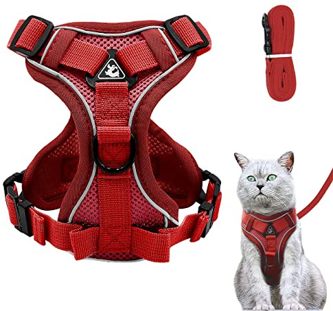 Verstellbares Katzengeschirr Ausbruchsicher, Katzengeschirr mit Leine Set, Softgeschirr für Katze Brustgeschirr für Katzen Kitten Hunde Welpen (Rot -M)