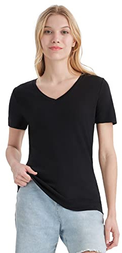 Merino Protect T-Shirt 100% Laine mérinos à col en V pour Femme - Manches Courtes - Résistance aux odeurs - Haut pour la randonnée en Plein air, Noir, L