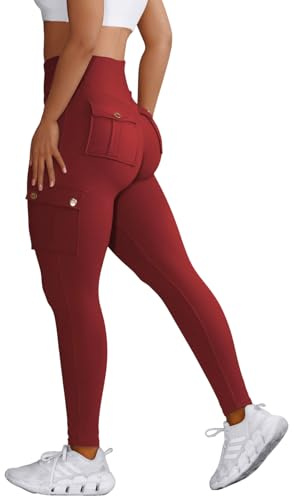 Nuofengkudu Push up Taille Haute Leggings Sport pour Femmes Elastique Opaque Doux Collant Pantalon avec Poche Cargo Fitness Running Jogging Sport Workout Yoga Pants Y-Vin Rouge 2XL