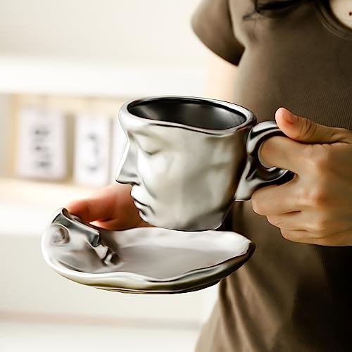 oliruim Kaffeetasse mit Gesicht, 260 ml, Porzellan, Untertasse und Löffel