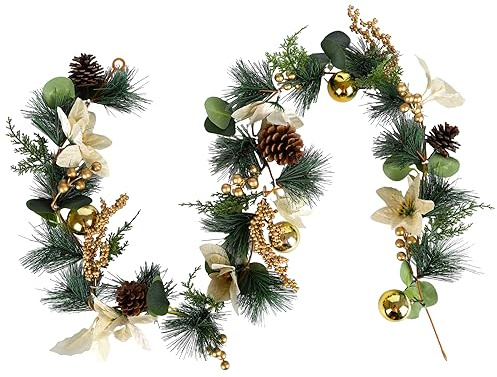 Hileyu Weihnachten Tannennadel Girlande 1,75 M Gold künstliche Weihnachtsgirlande mit Tannenzapfen für Outdoor Indoor Xmas Holiday Garland Garten Home Kamin Wand Winterdekoration