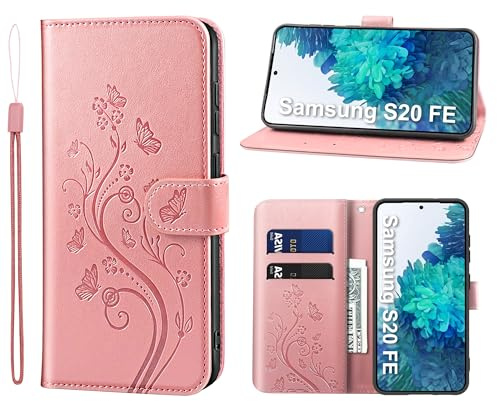 KRAFTCARE Lederhülle für Samsung Galaxy S20 FE Klapphülle Leder Hülle | Premium PU Leder mit Prägung, Kartenfach, Ständer, Magnetic Closure, RFID Blockierung, Flip Wallet Handyhülle, Rosa