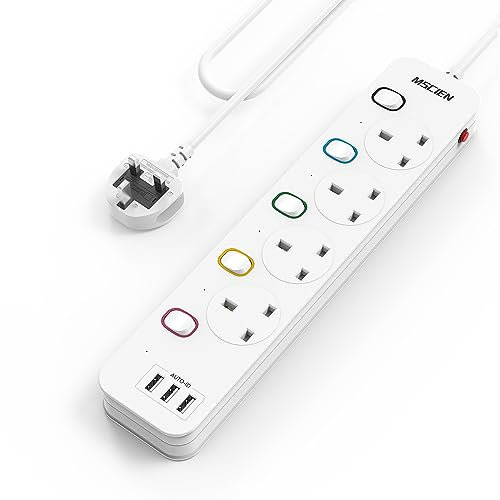 Mscien Extension Lead with USB Slots, 4 Way 3 USB Extension Socket with Individual Switches, Mountable Overload Protection Power Strips, 1.8 Meter Cable, 13A/3250W