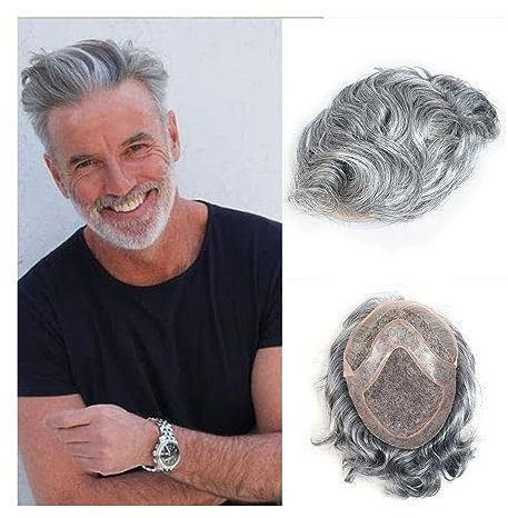 Perückenhaar Echthaar-Toupet for Herren, 20,3 x 25,4 cm, langlebig, Mono mit PU-Basis, Herren-Toupet Nr. 1B, Schwarz mit grauer Farbe, Spitzenfront, Herren-Haarersatzsystem Dutthaar für Männer ( Color