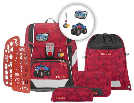 Step by Step Schulranzen-Set 2IN1 Plus „Monster Truck Rocky“ 6-teilig, ergonomischer Tornister, höhenverstellbar mit Hüftgurt, für die Grundschule, ab der 1. Klasse, 19L, rot