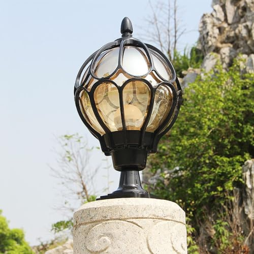 Säulenleuchte Außen Wasserdicht IP44 Sockelleuchte Außen Rustikal in Schwarz Kugel Antik E27 Außenlampe Garten Wegeleuchte Aluminiumguss/Glas Gartenleuchte Zaun Terrasse Villa Wegelampe H47CM