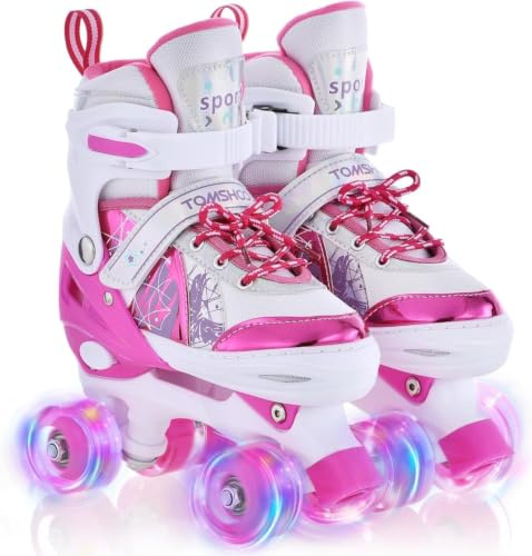 TOMSHOO Pattini a rotelle per bambini con 4 misure regolabili, ruote LED, diverse dimensioni, per regali di Natale e compleanno, taglia S, rosa