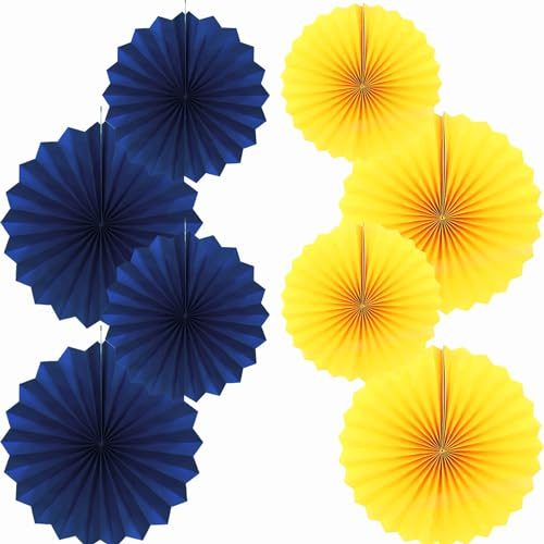 Fächer Deko, Blau Gelb - Hängende Papier Fächer Dekoration, Party Fans Dekorpapier Kit 8er Set (40.6CM/16in & 30.4CM/12in)