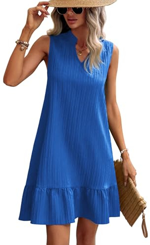 Zeagoo sommarklänning damer ärmlös v-ringad t-shirt volangklänning strandklänning lätt kort fritidsklänning blommiga klänningar, blå, L