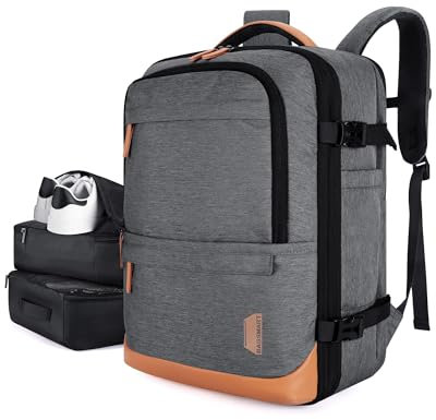 bagsmart Travel Laptop Backpack, 40L Expandable Carry On Backpack with Packing Cubes, Water Resistant Weekender Backpack Fits 17 Inch laptop, Large Overnight Luggage Daypack with Shoe Bag (Grey)