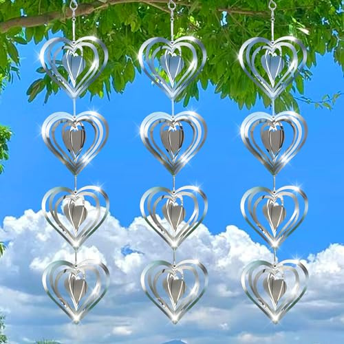 Set di 12 dischi spaventapasseri in metallo a forma di cuore, girandole a vento 3D con riflettore a elica in acciaio inossidabile, decorazione da giardino scintillante, per spaventare uccelli e