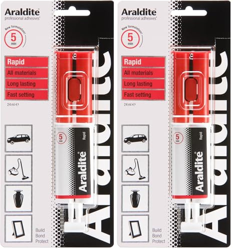 Araldite Rapid Epoxy Syringe, 24ml Fast Setting, Solvent-Free Adhesive Strong Ceramic, Plastic, Metal, Jewelry & Glass Glue (Pack of 2)
