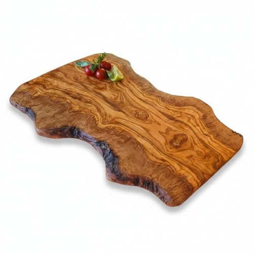 Handcrafted Live Edge Olive Wood Cutting Board | Unique Artisan Serving Board with Natural Grain & Knots | Ideal for Charcuterie Cheese Bread | Rustic Kitchen Decor & Gift (45 cm)