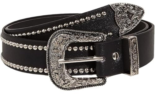 AGUTALITHIC Nietengürtel Herren/Damen Glänzendes Leder Gürtel Mit Antik Silber Dornschließe Schnitzen Florale Schnalle Ledergürtel Für Jeans Hosen(95cm/Waist:30~32, Black)