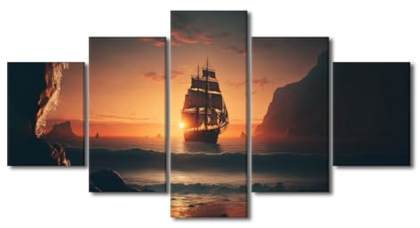 TUMOVO Canvas Wall Art for Bedroom Sailboat at Sunset Wall Art for Living Room Pirate Ship Wall Art Decor Modern Artwork for Home Walls Giclee Framed Ready to Hang 60 Wx32 H