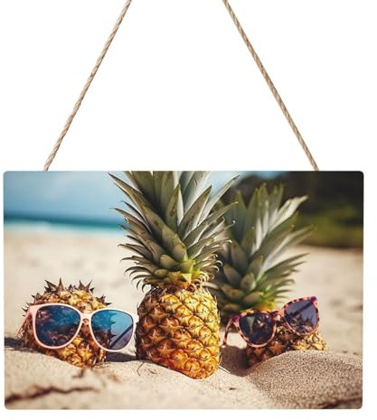 Holzkreise zum Basteln, 20,3 x 30,5 cm, Holzscheiben, Ananas, Obst, Sonnenbrille, Sand, Strand, Holztürhänger, Hängeschild, rechteckige Holzscheiben mit Bindfaden, Holzornament für Schild, Türhänger,